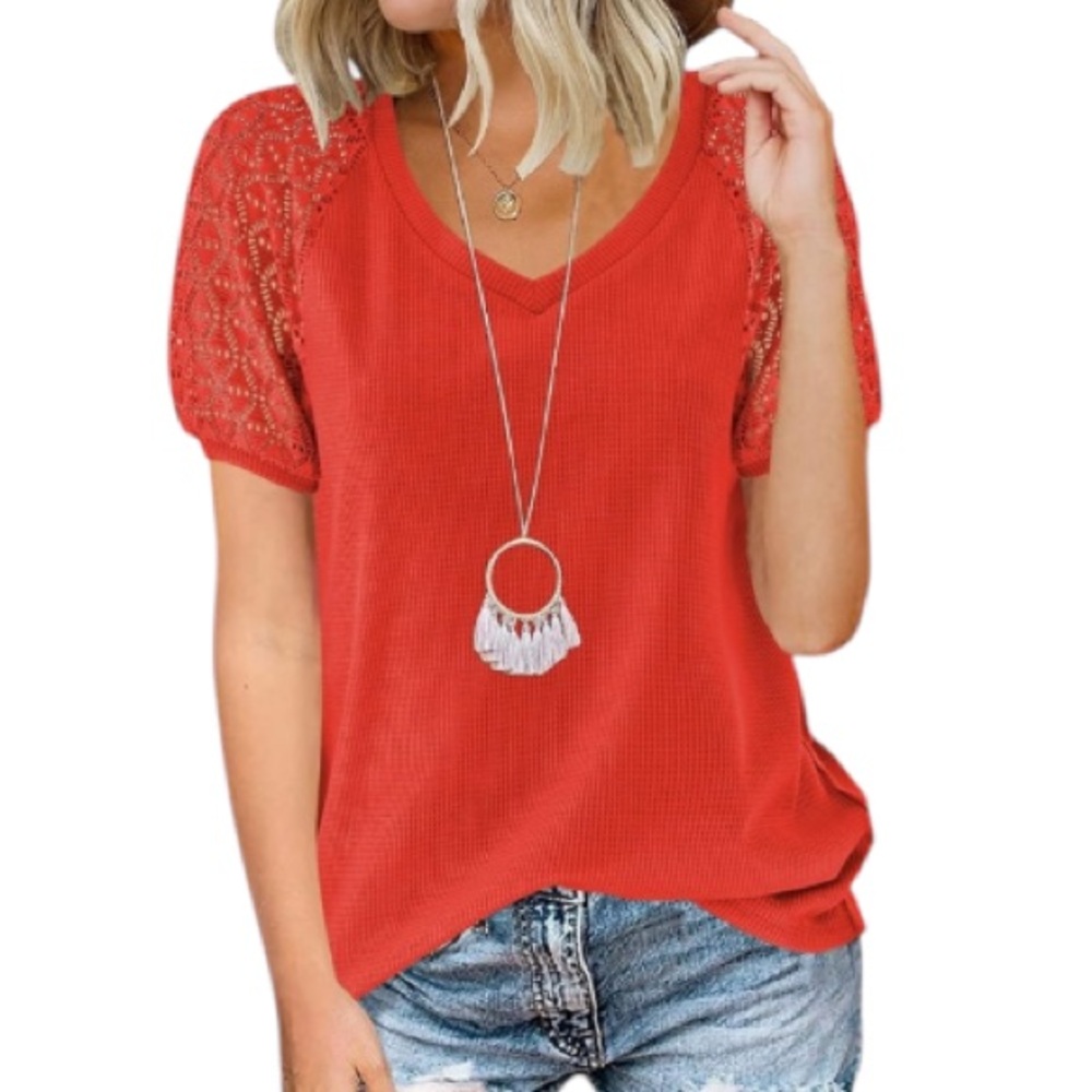 Merokeety orange lace puff sleeve v-neck waffle fabric tee size XL
